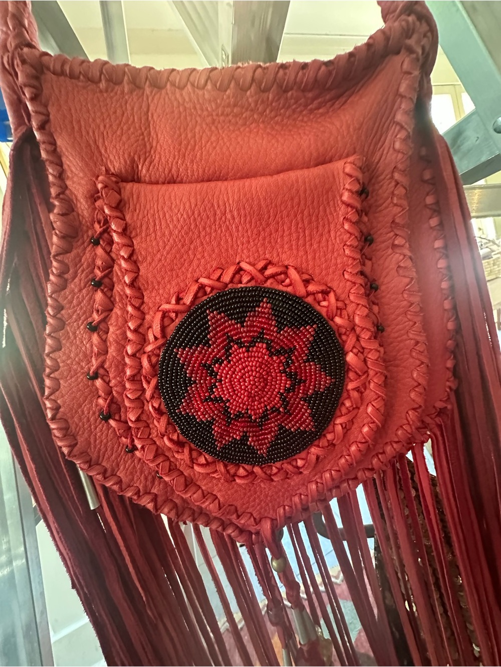 Red Fringe Leather Crossbody Bag with Beaded Medallion